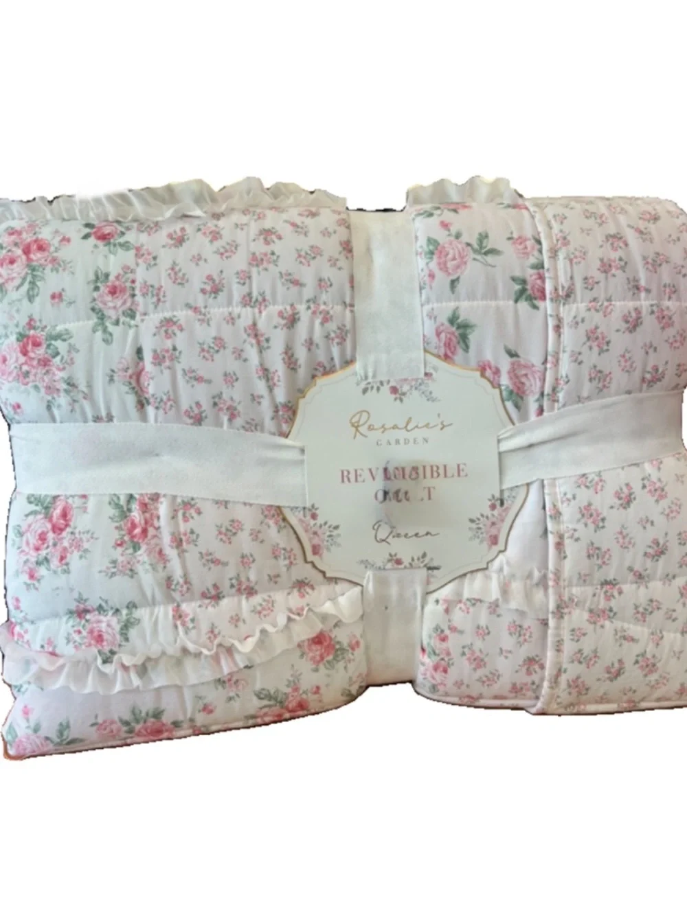Rosalie Garden Pink, White and Green Floral Queen Reversible Quilt 90”x90”